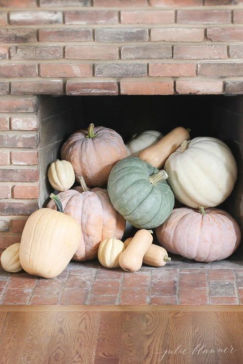 decorating with pumpkins - heirloom pumpkin fireplace #fall #pumpkins #decor #falldecor Pumpkin Fireplace, Inside Fireplace, Fall Notebook, Heirloom Pumpkins, Minimalist Fall Decor, Decorate Your Fireplace, Planting Pumpkins, Decorate For Fall, Fall Fireplace