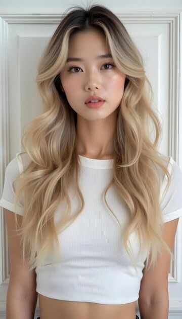 Asian Long Blonde Hair, Korean Blonde Balayage, Blonde Hair Dark Brown Eyes, Beige Blonde Asian Hair, Blonde Asian Face Claim, Cool Tone Skin Blonde Hair, Shadow Root Blonde Asian, Pale Girl Blonde Hair, High Impact Blonde