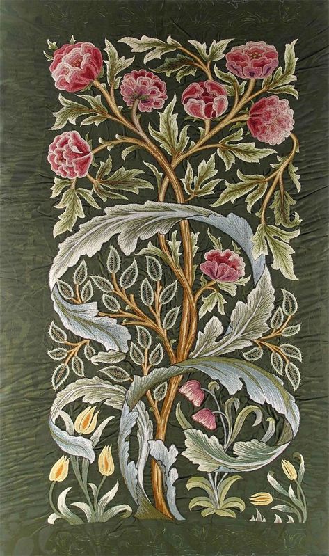 ¤ A Morris & Co silk embroidered panel, by Helen, Lady Lucas Tooth, the design attributed to John Henry Dearle the printed 'Oak' silk ground embroidered with peony stems and acanthus leaves in rich colours, framed unsigned William Morris Patterns, William Morris Art, William Morris Designs, John Henry, Art And Craft Design, English Art, Pola Sulam, 수채화 그림, 자수 디자인