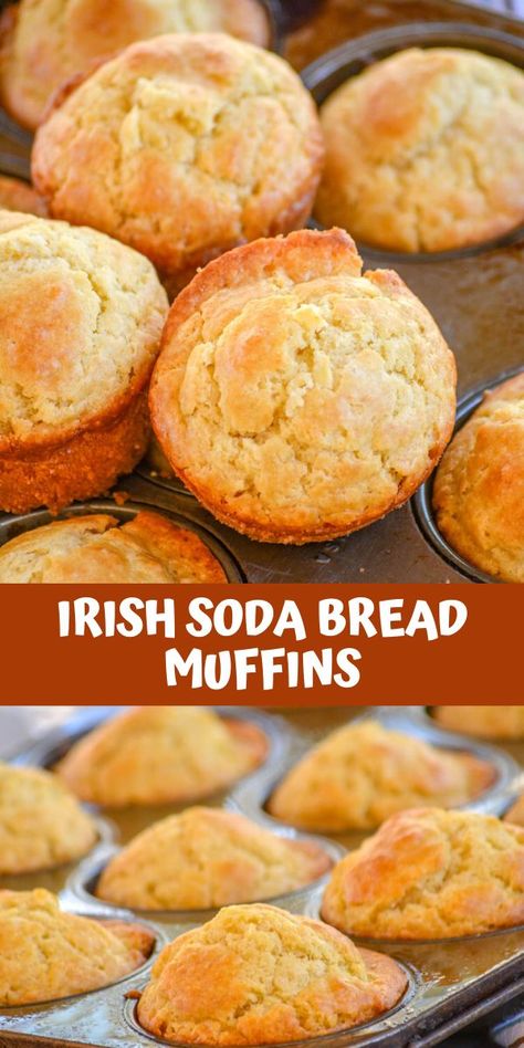 Traditional soda bread meets sweet, flaky buttermilk style muffins in this easy Irish soda bread muffins recipe. They’re perfect for any meal of the day, and can be spread with butter, gravy, or whatever soup you’re serving. Whether it’s time to celebrate an Irish holiday like Saint Patrick’s Day, or it’s just time for a delicious meal, these muffins are a must have on your menu! #muffin #recipe #sidedish #side Irish Soda Bread Muffins Easy, Irish Soda Muffins, Soda Bread Biscuits, Irish Soda Bread Biscuits, Irish Easy Recipes, Irish Desserts Traditional Ireland, Irish Soda Bread Easy, Soda Bread Muffins, Irish Dinner Recipes