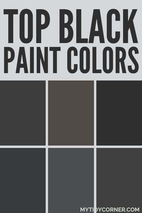 Collage of the trending black paint colors from the popular brands. Shades Of Black Paint Colour Palettes, Best Sherwin Williams Black Paint Colors, Sooty Lashes Valspar, Charcoal Interior Paint, Benjamin Moore Black Brown Paint Colors, Sherwin Williams Dark Accent Wall, Dark Paint White Trim, Best Matt Black Paint For Furniture, Green Black Sherwin Williams Bedroom