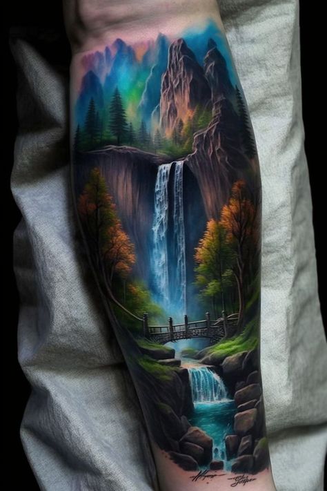 Individual Tattoo, Northern Lights Tattoo, Waterfall Tattoo, Wilderness Tattoo, Forearm Cover Up Tattoos, Space Tattoos, Chicano Tattoos Sleeve, Nature Tattoo Sleeve, Mommy Tattoos