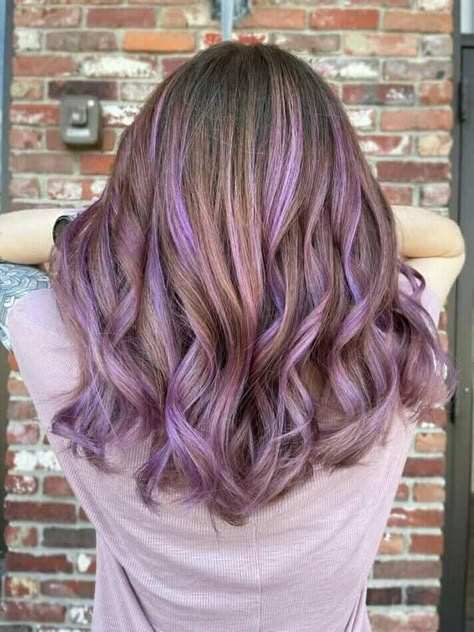 Lavender Hair Highlights Brown, Purple Peekaboo Balayage, Purple Babylights Hair, Purple Highlights In Light Brown Hair, Purple Balayage Light Brown Hair, Purple Balayage On Brown Hair, Brown Hair With Pastel Highlights, Light Purple Brown Hair, Dark Blonde Purple Hair