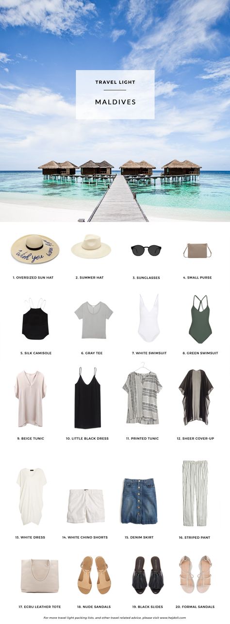 What to pack for a tropical escape to the Maldives. 20 items, 10+ days/outfits, 1 carry on suitcase. #travellight #packingtips #traveltips Travel Outfit Summer Tropical Vacations, Trendy Holiday Outfits, Beach Vacation Packing, Beach Vacation Packing List, Maldives Beach, Beach Packing, Packing List For Vacation, Holiday Packing, Travel Capsule