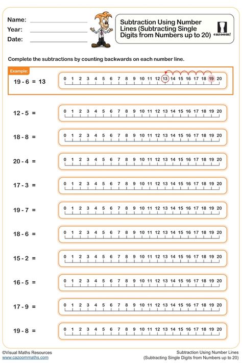 Explore this handy worksheet on Subtraction Using Number Lines for Year 1 students. Perfect for practicing subtracting single digits from numbers up to 20. It provides a guided approach to help young learners master subtraction within this range efficiently. Dive into a fun and effective learning experience with this resource! Make A 10 To Subtract, Ks3 Maths Worksheets, Borrowing Subtraction Worksheet For Grade 2, Year 9 Maths Worksheets, Ks1 Maths Worksheets, Year 8 Maths Worksheets, Year 5 Maths Worksheets, Year 6 Maths Worksheets, Year 4 Maths Worksheets