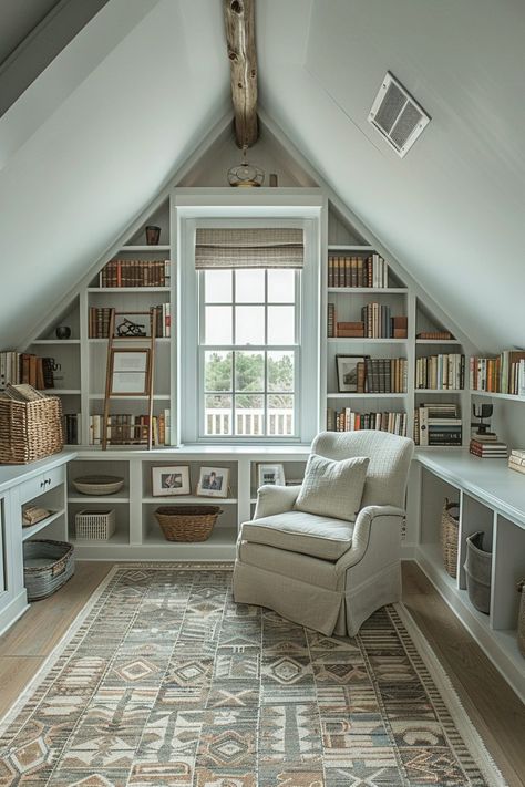 Loft Library Small, Dormer Desk, Attic Home Office, Large Dormer, Low Ceiling Attic Bedroom, Small Attic Room Ideas, Attic Study, Low Ceiling Attic, Small Attic Room