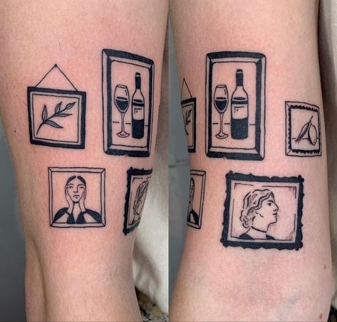 Cool Tattoos For Forearm, Thumbtack Tattoo, Canvas Tattoo Ideas, Picture Frame Tattoo Sleeve, Small Van Gogh Tattoo, Museum Tattoo Ideas, Small Window Tattoo, Living Room Tattoo, Picture Frames Tattoo