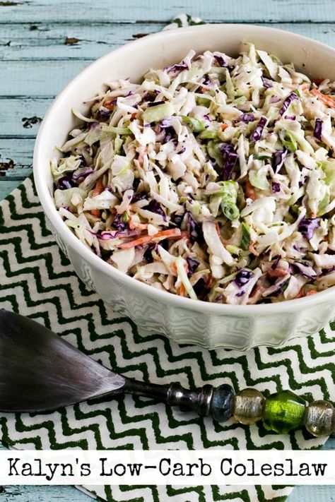 Kalyn's Low Carb Coleslaw found on KalynsKitchen.com Keto Coleslaw, Low Carb Coleslaw, Sliced Cabbage, Healthy Coleslaw Recipes, Cabbage Salad Recipe, Keto Veggies, Carb Sides, Healthy Coleslaw, Keto Salads