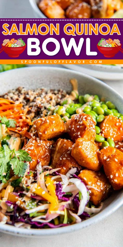 Enjoy these flavorful Salmon Quinoa Bowls made with a sweet chili glazed salmon, quinoa, mango slaw, and other delicious bowl toppings. It’s great for meal prep and is full of fresh flavor! Salmon Quinoa Bowl, Chili Glazed Salmon, Healthy Easy Meals, Salmon Quinoa, Mango Slaw, Easy Tasty Recipes, Quinoa Bowls, Family Meal Ideas, Power Bowl