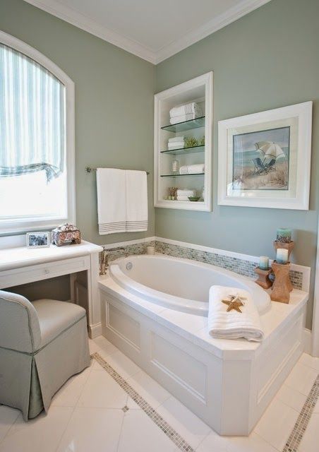 sherwin williams  FILMY GREEN Soft, subdued green Filmy Green, Bathroom Paint Colors, Coastal Bathrooms, Favorite Paint Colors, Coastal Living Rooms, Sherwin Williams Paint Colors, Interior Paint Colors, Beach Bathrooms, Bathroom Colors