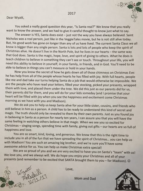 Letter explaining Santa with Saint Nick as a person (referencing the VeggieTales’ St. Nicholas movie) to nine/ almost ten year old son. Letter To My Son About Santa, Santa Letter To Older Child, How To Tell Kids About Santa, Story Of Santa Claus, Explaining Santa Is Not Real, Letter To Child About Santa, Letter To Child About Santa Truths, Letter Explaining Santa Isnt Real, Letter To Son