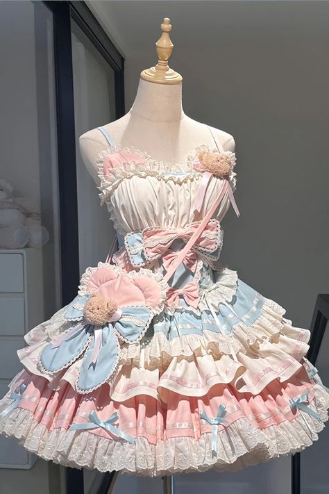 Process Time: Could be shipped out in 5-20 days. Fabric: Cotton, 4-Way Stretch Fabric Color: Blue/Pink Feature: Multi-Layered, Ruffle, Bowknot, Lace Style: Swe Pink Blue Outfit, Pink And Blue Dress, Punk Dress, Theme Dress, Tiered Ruffle Skirt, Fairytale Dress, Love Bear, Sweet Lolita, 4 Way Stretch Fabric