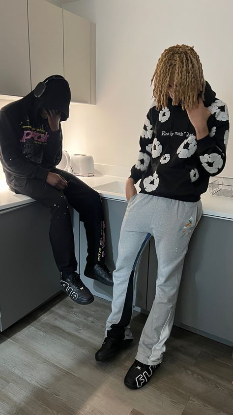 Outfit details: black pink sp5der tracksuit, ready made tears denim tears hoodie, mnml flares, black cpfm af1, black airpods max, long blonde dreads. Denim Tears Hoodie Outfit Black Women, Cpfm Af1 Outfit, Long Blonde Dreads, Sp5der Tracksuit, Cpfm Af1, Denim Tears Outfit, Sp5der Hoodie Outfit, Af1 Outfit, Blonde Dreads