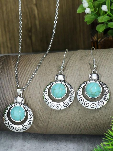 Turquoise Decor, Embellished Fashion, Vintage Jewelry Sets, Turquoise Pendant Necklace, Round Necklace, Women's Jewelry Sets, Watches Women Fashion, Turquoise Pendant, Turquoise Earrings