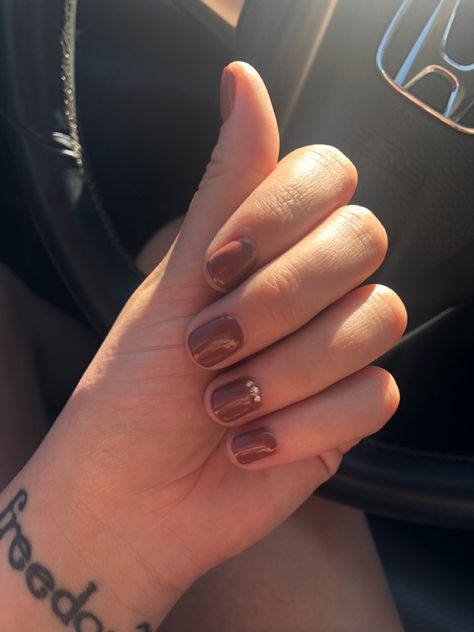 Chocolate brown gel manicure with gems Brown Gel Manicure, Brown Nails With Gems, Brown Short Nails, Nails With Gems, Brown Chocolate, Cocoa Brown, Brown Shorts, Brown Nails, Gel Manicure