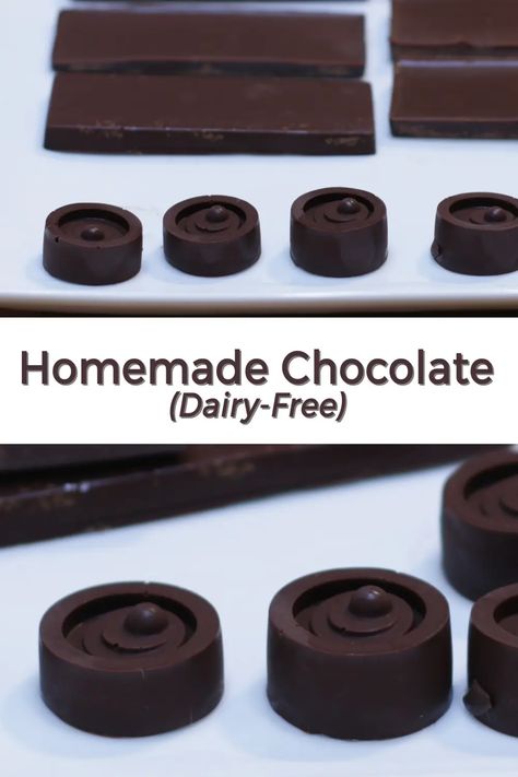 Homemade chocolate dairy-free pin for Pinterest Chocolate At Home, Homemade Dark Chocolate, Chocolate Bar Recipe, Dark Chocolate Recipes, Homemade Chocolate Bars, Dark Chocolate Candy, Chocolate Candy Recipes, Chocolate Recipes Homemade, Making Chocolate