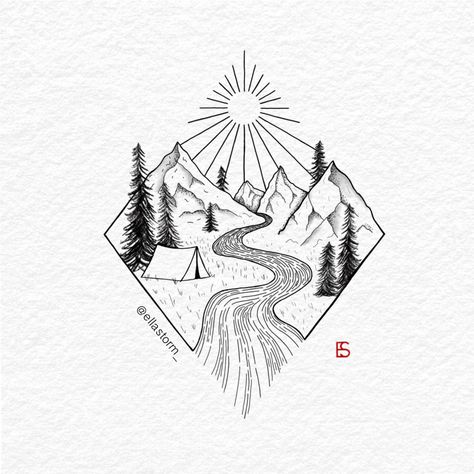 Landscape Tattoo Design, Mountain Landscape Tattoo, Tattoo Camping, Mountain Line Art, Journey Tattoo, Tattoo Mountain, Camping Tattoo, Storm Tattoo, Geometric Line Tattoo