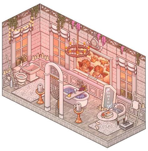 Baño elegante en el atardecer Sims 4 Art Room, Dream House Illustration, Coquette Games, Bathroom Drawing, Isometric Pixel, Habbo Hotel, Isometric Room, Kawaii Home, Isometric Drawing