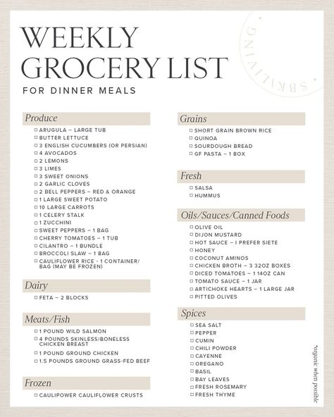 FOOD / I thought today I’d break down a weeks worth of nutritious dinner meals + my grocery list to go along with it. I'm sharing how to plan for the week and why it's crucial to a healthy and successful week. Get the details and FREE weekly meal plan. | SBK Living Weekly Dinner Meal Plan, Grocery Store List, Dinner Meal Plan, Nutritious Eating, One Week Meal Plan, Health Meal Plan, Healthy Shopping List, Nutritious Dinner, Dorm Food