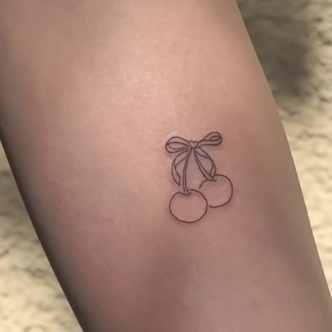 Cherry Ribbon Tattoo, Cherry Bow Tattoo, Cute Bow Tattoo, Croquette Tattoo, Bell Tattoo, Minimal Tattoo Designs, Cherry Tattoo, Minimal Tattoo Ideas, Cherry Tattoos