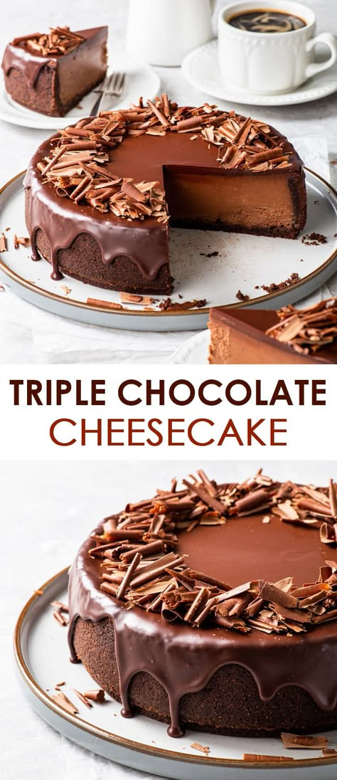 Baked Chocolate Cheesecake Recipe, Triple Chocolate Cheesecake Recipe, Chocolate Cheesecake Recipe Easy, Water Bath Cheesecake, Cheesecake Recipes Chocolate, Baked Cheesecake Recipes, Chocolate Cheesecake No Bake, Cheesecake Recipes No Bake, Baked Chocolate Cheesecake