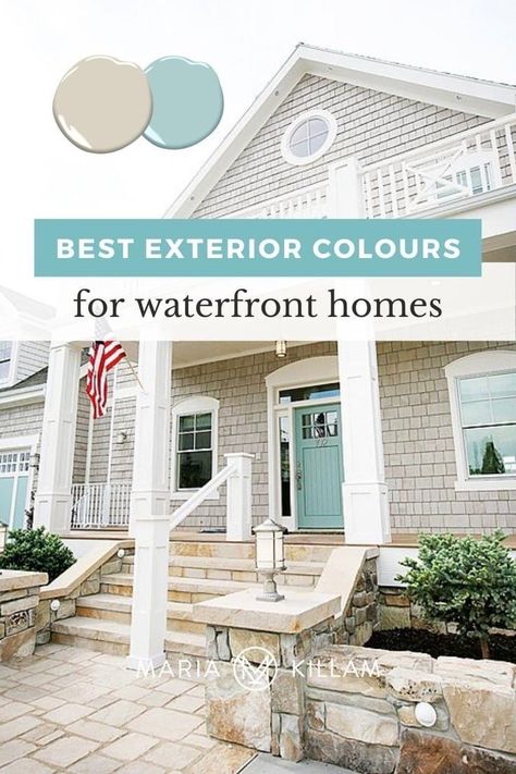 Coastal Exterior House Colors, Beach House Exterior Colors, Coastal Home Exterior, Beach Cottage Exterior, Beach House Colors, Lake Houses Exterior, Exterior House Colors Combinations, House Paint Color Combination, Exterior House Paint Color