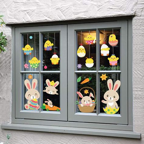 147 Easter bunny window clings in 6 sheets with a variety of cute illustrations and elements. Removable and reusable vinyl decals that stick with just water. Perfect for decorating windows and surfaces for Easter. Easter Window Display, Easter Window Decorations, Easter Decals, Easter Window, Flowers Garland, Singing Birds, Easter Illustration, Eggs Flowers, Easter Stickers