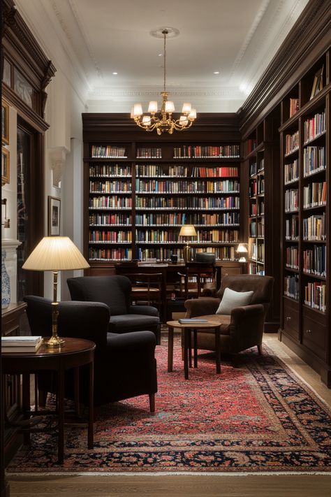 15 Tips for Creating a Cozy Home Library – Elegant Inspo Oxford Library Reading Room, Light Library Room, Home Library On A Budget, English Library Aesthetic, Library With Piano, Victorian Library Aesthetic, Home Study Room Personal Library, Townhouse Library, Home Study Library