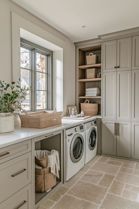 32 Best Laundry Room Layout Ideas for Every Home Master Bathrooms With Laundry, Luxury Laundry Room With Dog Wash, Combination Laundry And Mudroom, Raised Laundry Room Ideas, Laundry Room Closet Combo Master Bath, Laundry Room Connected To Bathroom, Master Closet With Island And Laundry, Laundry Room Cabinet Layout, Luxury Utility Room