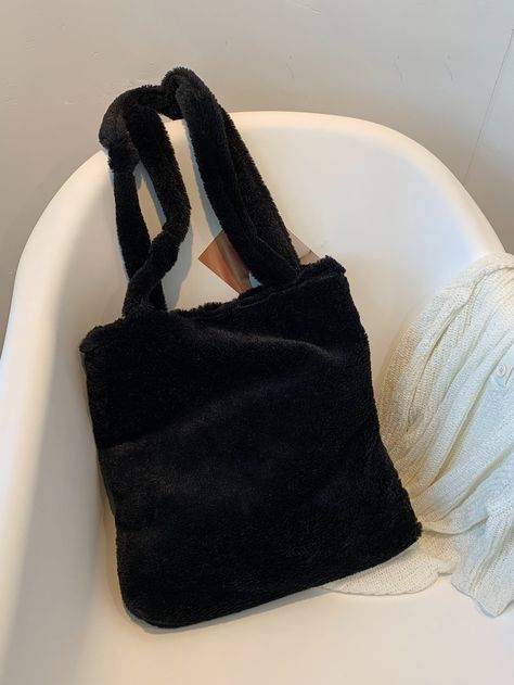 Black Fashionable   Faux Fur Plain Shoulder Tote Bag Embellished   Women Bags Fluffy Tote Bag, Fur Tote Bag, Fluffy Bag, Diy Bags Patterns, Embroidery Bags, Fancy Bags, Birthday Wishlist, Shoulder Tote Bag, Black Tote Bag