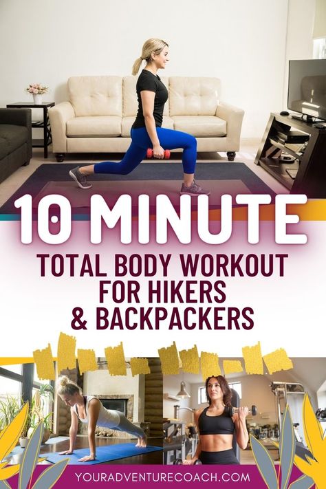 If you sit at a desk all day but still want to stay in shape for hiking, squeeze in this 10 minute total body, at home workout for hikers and backpackers! Even these short micro workouts, when done consistently really can make a difference in your fitness or if you're up for more of a challenge, you can adjust this to be more difficult or do multiple rounds of this 10 minute workout for hikers. Micro Workouts, Hiking Training, Hiking Workout, At Home Workout, Hiking Essentials, 10 Minute Workout, Hiking Destinations, Backpacking Tips, Healthy Ideas