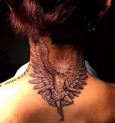 G Dragon. New tattoo G Dragon Tattoo, Dragon Tattoo Neck, Fallen Angel Tattoo, Nape Tattoo, Wing Tattoo Designs, Back Of Neck Tattoo, Bigbang G Dragon, G-dragon, Neck Tattoo For Guys