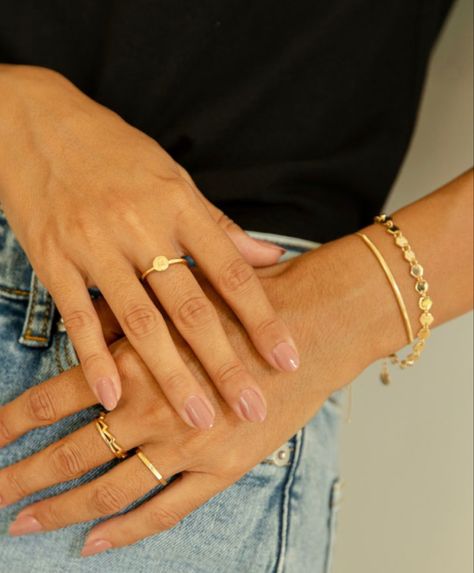 Gold Rings Both Hands, Gold Ring Placement, Cute Ring Combos, Bracelet And Ring Combo, Simple Ring Stack Both Hands, Ring Combos Gold, Ring Placement Ideas Hands, How Many Rings Should You Wear, Layered Rings Gold