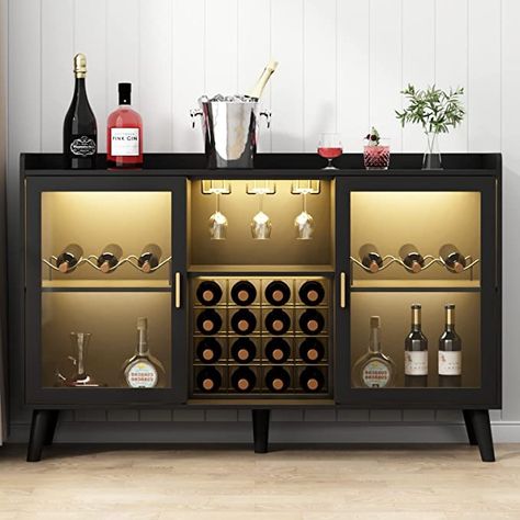 This bar cabinet offers abundant storage space, including wine racks, glass shelves, storage shelves, and cabinets, to keep your bar accessories organized and easily accessible. This item has two beautiful Acrylic doors for displaying champagne, whiskey, and sober utensils, a 22-bottle wine rack, four open shelves, and a spacious surface (47.24"D x 35.4" W x 15.7"H) for preparing food more conveniently. #modern #home #decor #wine #beer #alcohol #cooler #winerack #winecabinet #barcart #ad Cabinet With Wine Rack, Coffee Cabinet, Liquor Bar, Wine Bar Cabinet, Kitchen Buffet, Buffet Sideboard, Black Dining Room, Wine Glass Rack, Kitchen Sideboard