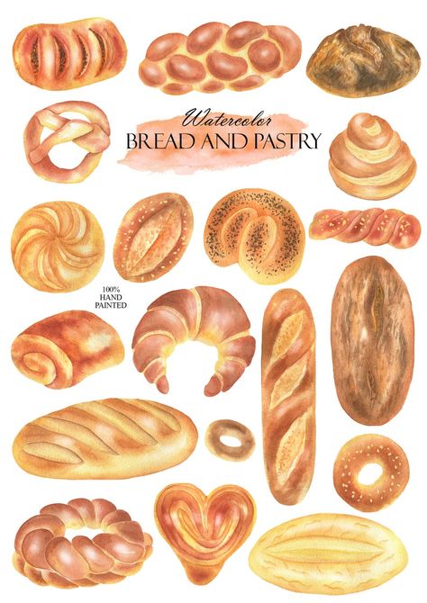 Watercolor Bread Clipart Bakery Baking Clip Art Baked Goods | Etsy Bread And Pastry Background Aesthetic, Best Selling Bakery Items, Baked Goods Illustration, Bakery Art Illustration, Baked Goods Drawing, Bread Art Drawing, Pastry Clipart, Bread Watercolor, Watercolor Bread