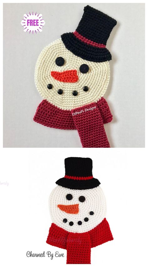 Crochet Flat Snowman Wall Hanging Free Crochet Pattern Snowman Crochet Patterns Free Flat, Crochet Flat Snowman, Crochet Snowman Wall Hanging, Crochet Snowman Applique, Snowman Applique Patterns Free, Crochet Snowman Free Pattern, Crochet Christmas Tree, Crochet Holiday, Crochet Placemat Patterns