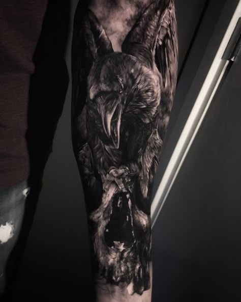 Raven Full Moon Tattoo, Scary Raven Tattoo, Inner Forearm Tattoo Cover Up, Raven Sleeve Tattoo, Raven Forearm Tattoo, Dark Castle Tattoo, Raven Arm Tattoo, Scary Tattoos Dark Art, Tattoos Scary