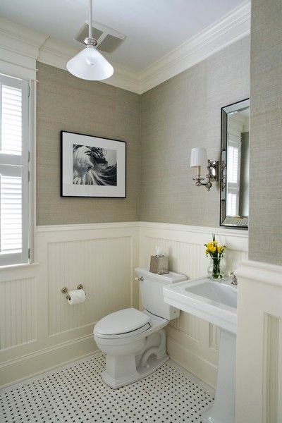 Powder Room with Beadboard Wainscot and Grass Cloth Wall Covering - Traditional - Powder Room - Chicago - by Orren Pickell Building Group Traditional Powder Room Design, Bathroom Wainscoting, Design Interior Baie, Traditional Powder Room, Makeover Kamar Mandi, Bathroom Chair, Powder Room Design, Decor Baie, Country Bathroom