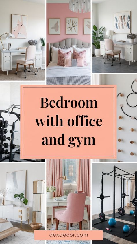 Bedroom with office and gym featuring stylish furniture, decor, and exercise equipment. Office And Gym Combo, Bedroom Office Layout, Office Area Ideas, Home Gym Office Combo, Modern Pocket Doors, Office Interior Ideas, Maximizing Small Spaces, Home Office Interior, Maximize Small Space