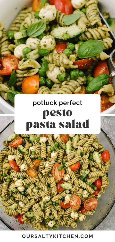 A really good pasta salad will always have you invited back to the cookout! Pesto pasta salad stands out. It nails the perfect balance between big, bold flavor and just the right texture. Use store-bought or homemade pesto sauce, then mix in tomatoes, cucumbers, peas, and fresh mozzarella for irresistible bites. This pasta salad recipe is quick, easy, and ideal for serving a crowd. #pastasalad #easyrecipes #vegetarian #pesto #foracrowd Healthy Veggie Pasta Salad, Cold Rotini Pasta Salad, Pasta Salad For Pregnant Women, Gf Pasta Salad Recipes, Simple Cold Pasta Salad Recipes, Pasta Salad Recipes Pesto, Bowtie Pasta Salad Recipes, Pesto Pasta Salad Recipes, Make Ahead Pasta Salad