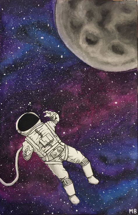 Watercolor painting of an astronaut floating through space. Galaxy nebula, stars, and moon in the background. Created by Morgan Brandon. Painting Of Astronaut, Space Painting Astronaut, Astronaut On Moon Painting, Moon Space Painting, Astronaut In Space Painting, Astronaut Floating In Space Drawing, Outerspace Paintings Acrylic, Space Exploration Art, Space Drawings Galaxies