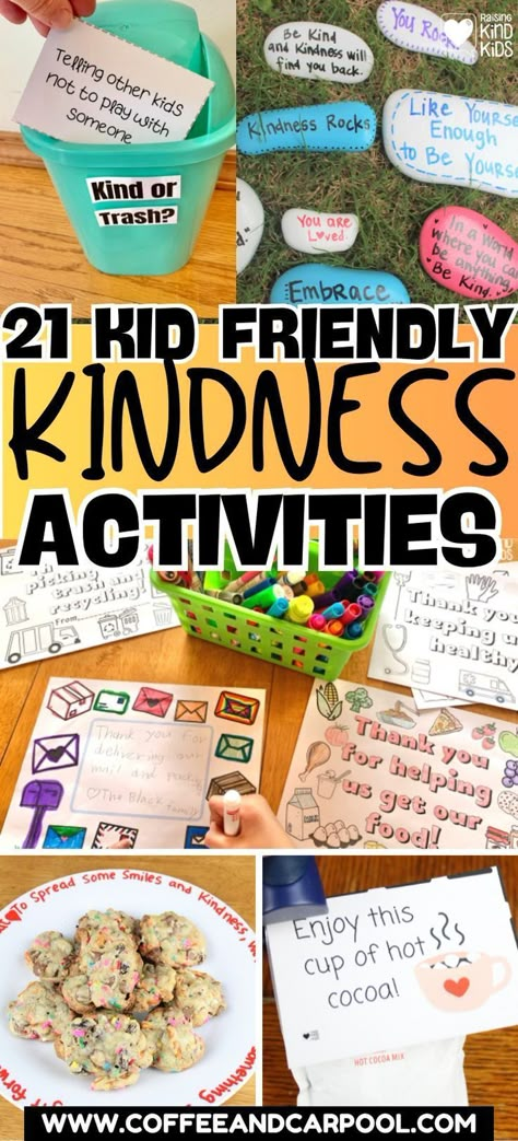 Looking for some activities for your kids to do to be kind to others? Maybe your kids haven't been as nice as they could be. This guide has twenty-one different ideas that your kids or students from all ages can do together! Sunday School Kindness Activities, Kindness Party Classroom, A Spot Of Kindness Activities, Respect For All Week Activities, Kindness Literacy Activities, Kindness Week Ideas Preschool, Acts Of Kindness For Preschoolers, Kind Words Activities For Kids, Kindness Curriculum Preschool