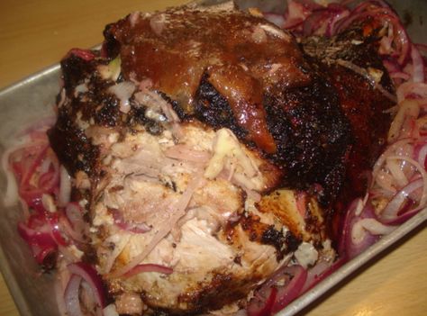 Cuban Roasted Pork.  Delicious! YUM! YUM! YUM! Pork Pernil, Cuban Pork Roast, Cubano Recipe, Cuban Pork, Fresh Ham, Cuban Dishes, Cuban Cuisine, Pork Ham, Roast Pork