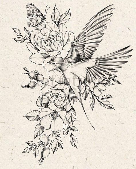 Sparrow Tattoo Design, Bird And Flower Tattoo, Bird Tattoo Sleeves, Flower Tattoo Ideas, Small Chest Tattoos, Sparrow Tattoo, Flower Tattoo Meanings, Insect Tattoo, Swallow Tattoo