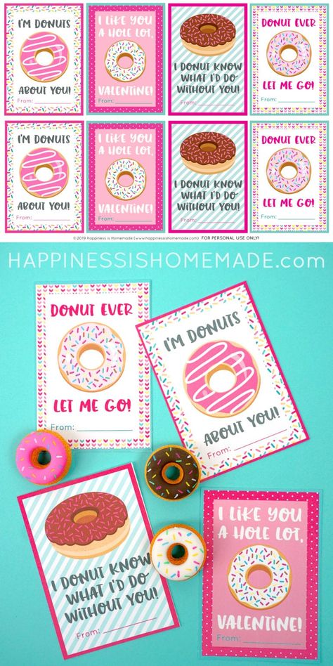 Printable Donut Valentine Cards - Happiness is Homemade Free Donut Valentine Printable, Valentine Doughnut Ideas, Donut Valentine Ideas, Doughnut Ideas, Photobooth Wall, Donut Valentine, Donut Quotes, Valentines Breakfast, Valentine Treat