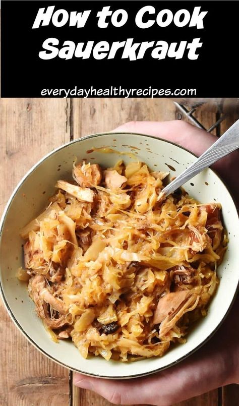 Top down view of sauerkraut stew in bowl with spoon. Cooking Sauerkraut, Easy Sauerkraut Recipe, Raw Sauerkraut, Sauerkraut Soup, Coleslaw Salad, Braised Cabbage, Fermented Cabbage, Sauerkraut Recipes, Potluck Dishes