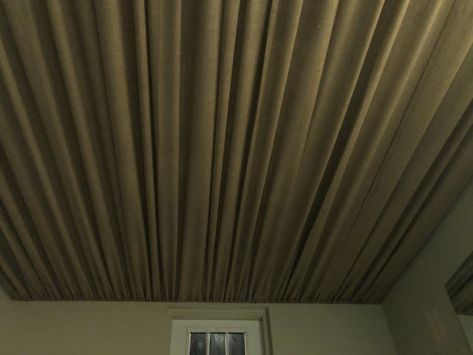 Completed installation of burlap covered ceiling. Burlap Ceiling Basement, Burlap Ceiling Ideas, Temporary Ceiling Covering, Cover Basement Ceiling With Fabric, Diy Fabric Ceiling, Fabric Ceiling Installation, Fabric Ceiling Basement, Cloth On Ceiling, Fabric Ceiling Ideas Bedroom