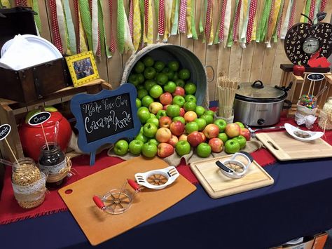 Apple Themed party for Teacher Welcome Back Luncheon Carmel Apple bar Staff Lounge Food Ideas, Staff New Year Welcome Back, Fall Teacher Appreciation Luncheon, Fall Themed Appreciation Gifts, Teacher Appreciation Apple Bar, Caramel Apple Bar Set Up, Carmel Apple Bar For Teachers, Teacher Breakfast Ideas Simple, Teachers Lounge Snack Bar