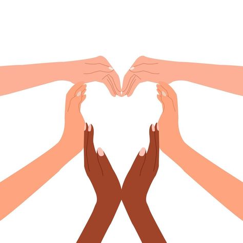 Multiracial hands together forming a heart Hands Together Illustration, Hands Holding Together, Hand Heart Illustration, Hand Holding Heart Painting, Health Equity Illustration, Together Drawing, Helping Hands Logo Graphic Design, Heart Pose, Kangaroo Illustration