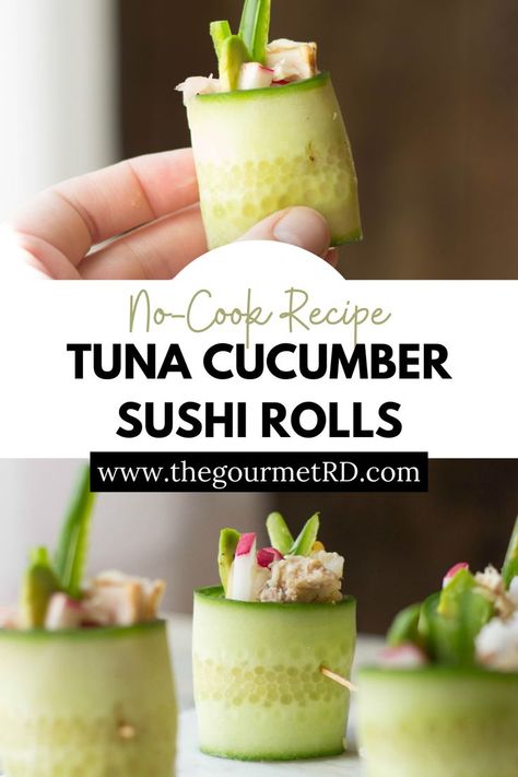 Tuna sushi rolls on a white marble backdrop. No Sugar Snacks, Cucumber Roll Ups, Cucumber Sushi Rolls, Tuna Cucumber, Tuna Sushi Rolls, Cucumber Sushi, Avocado Rice, Sushi Ingredients, Sushi Recipes Homemade